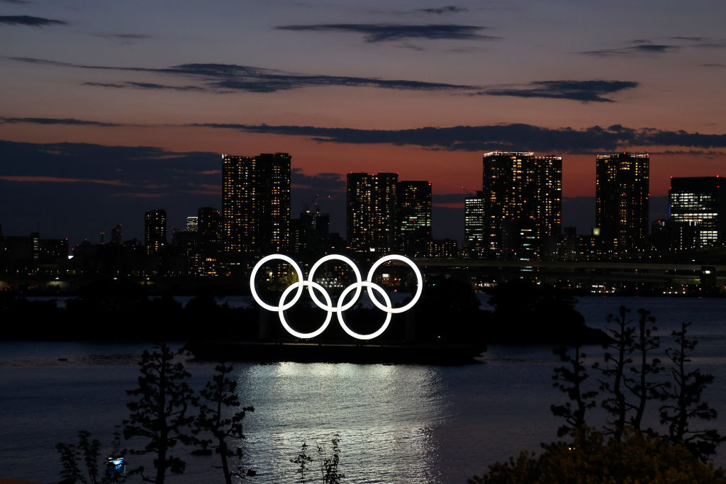 The Olympic Rings are displayed by the Odaiba Marine Park Olympic venue ahead of the Tokyo 2020 Olympic Games on July 19, 2021 in Tokyo, Japan. (Photo by Toru Hanai/Getty Images)