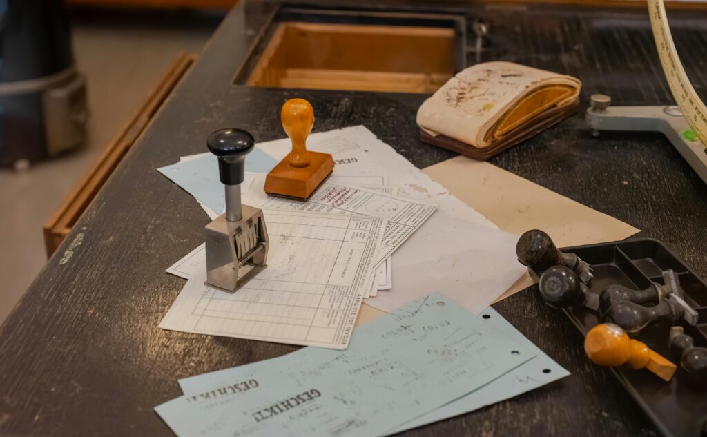 Make sure the firearm dealer you choose has the right authorisation. In this picture, we see a desk full of paper and authorisation stamps.