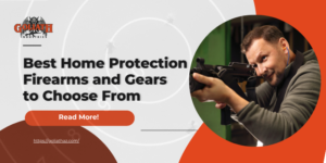 A promotional banner from Goliath Industries showcasing a man holding and aiming a firearm, alongside text promoting home protection firearms and gear, and a link to their website.