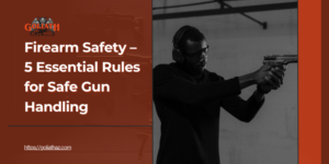 A man wearing protective eyewear and ear protection aiming a handgun at a shooting range. The text overlay reads, "Firearm Safety – 5 Essential Rules for Safe Gun Handling," with the Goliath Industries logo and a website link.