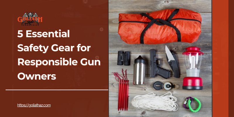 A neatly arranged collection of safety and survival gear, including a gun, knife, lantern, water bottle, rope, tent pegs, and an orange emergency bag, displayed on a wooden surface.