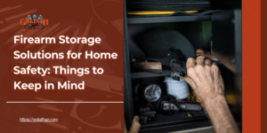 A person organizing firearms inside a secured gun safe, showcasing proper firearm storage for home safety.