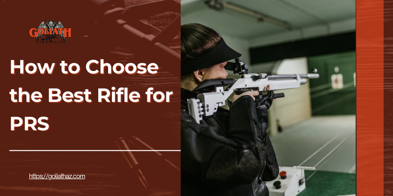 A female shooter in black tactical gear aiming a precision rifle at an indoor shooting range, with a digital target in the background.