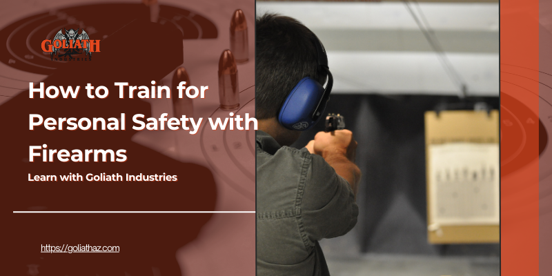 A person wearing hearing protection aims a handgun at a target in an indoor shooting range, promoting personal safety with firearms with Goliath Industries branding and blog title overlay.